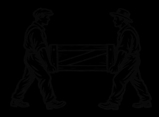 Two workers carrying a wooden crate together, drawn in an antique woodcut style.