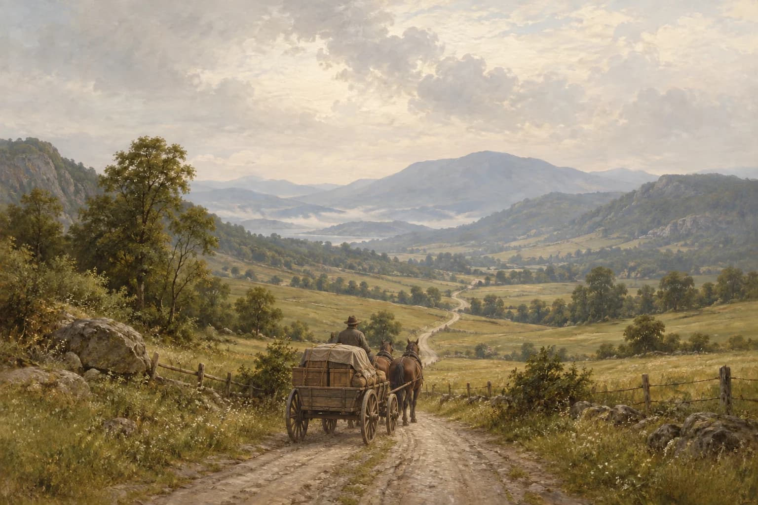A driver guides a horse-drawn freight wagon carrying crates along a winding valley road in a vintage oil painting