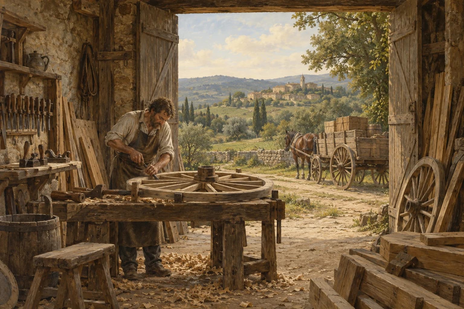 An artisan crafting a wagon wheel in a countryside workshop
